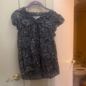 LOFT Navy and Pink Paisley Short Sleeve Top